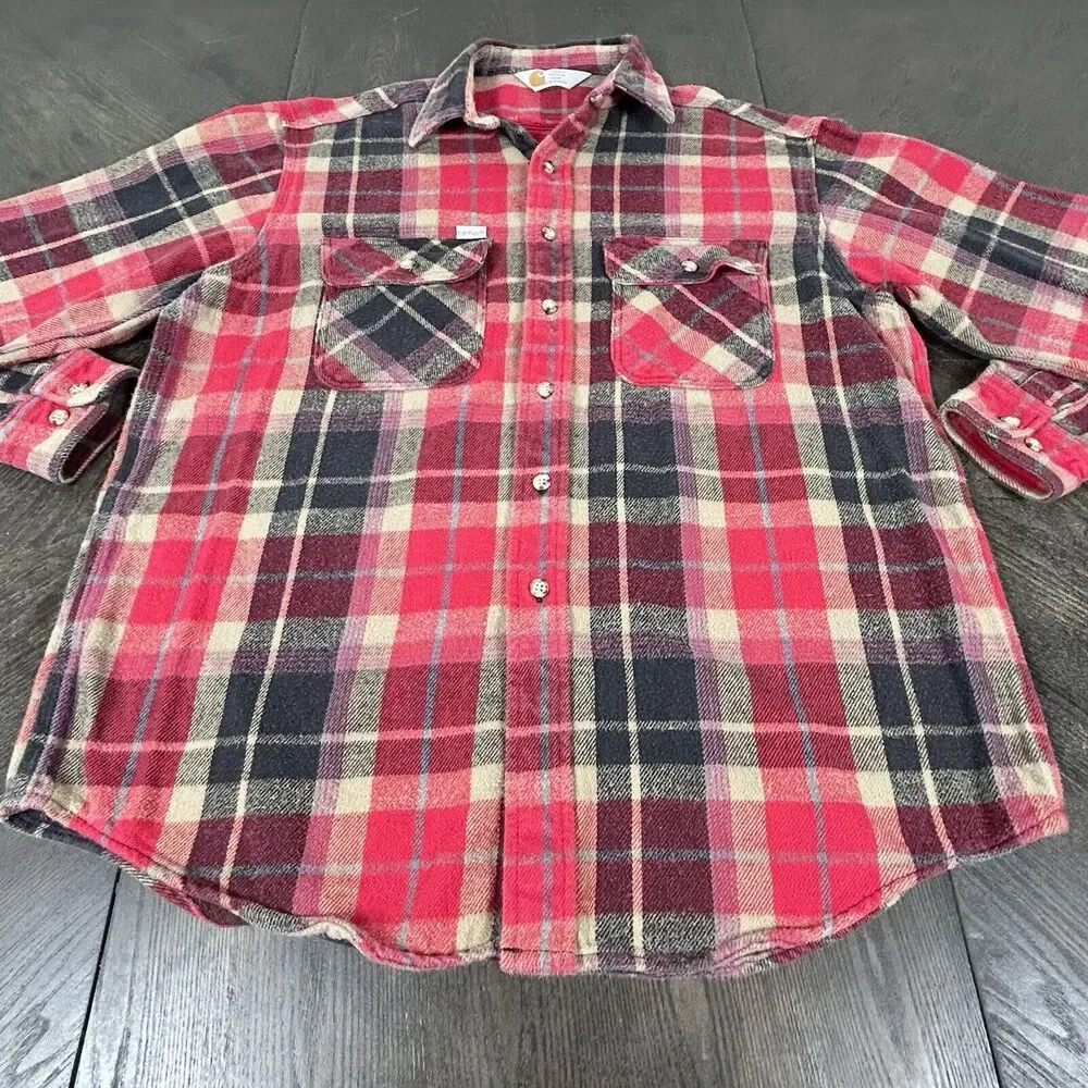 Vtg Carhart Small Red Black Plaid Button-Up Flannel Work Chore GUC - Picture 4 of 9